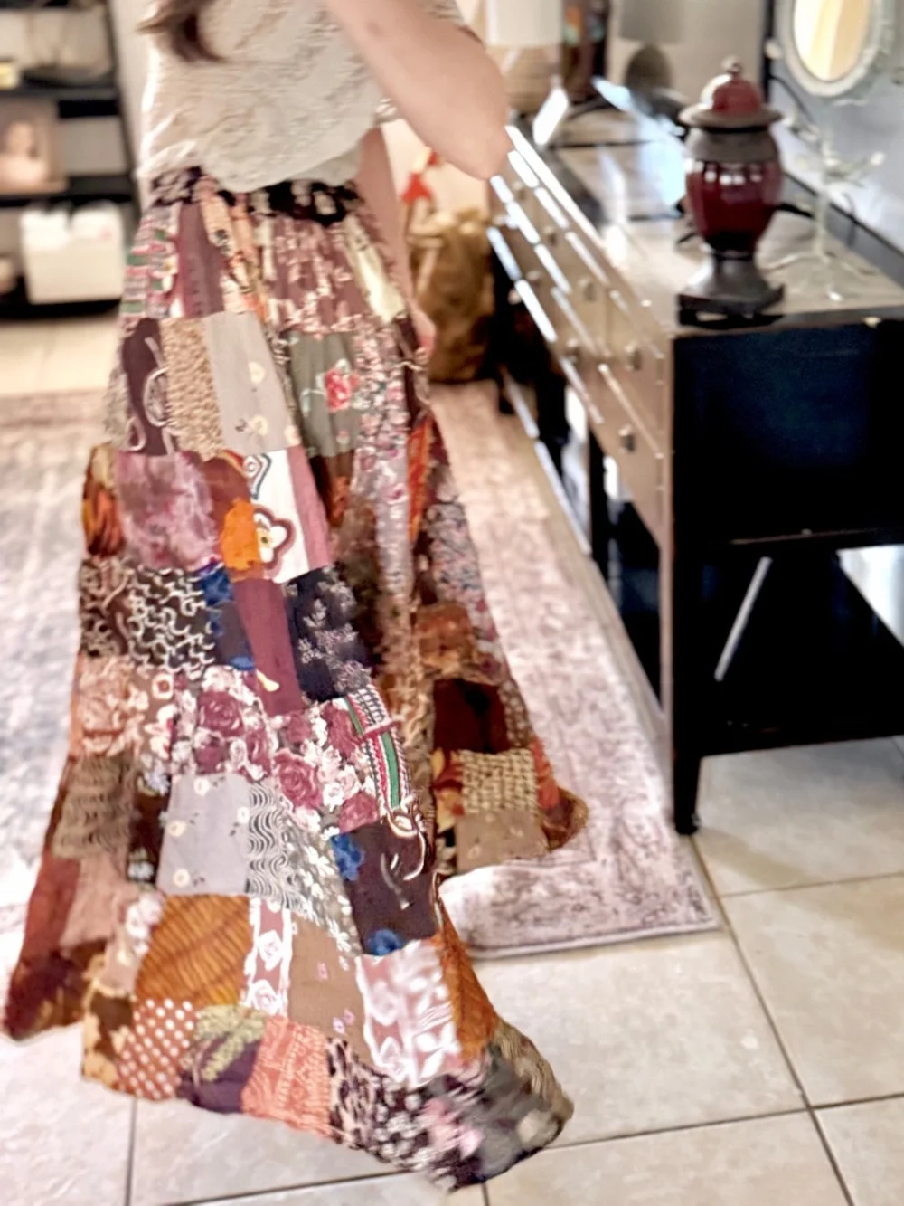 Vintage Patchwork Maxi Skirt Boho Festival Cottagecore Free Size Drawstring‎